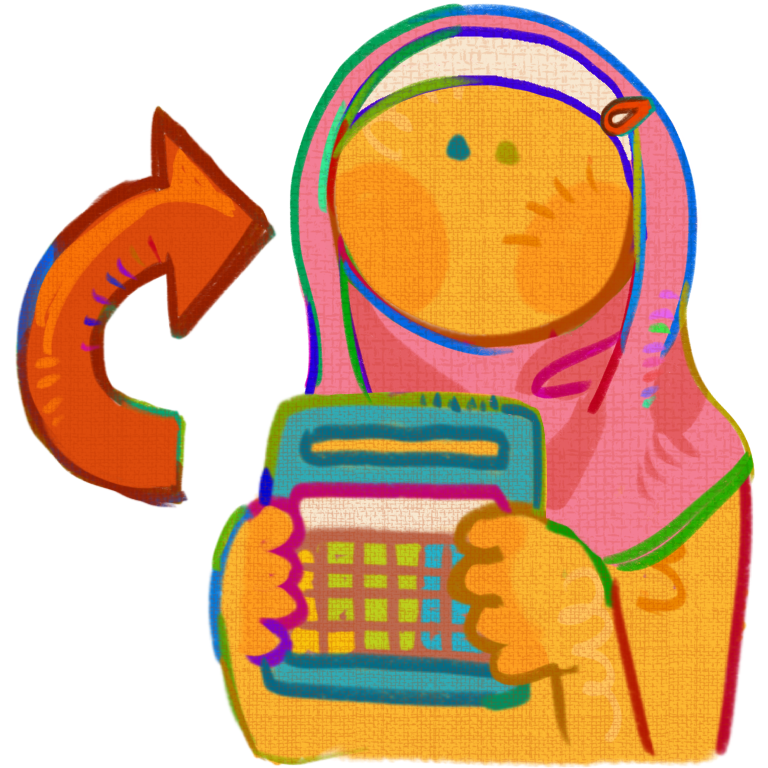  a yellow person wearing a hijab holding an AAC device tablet with blue case , there is an arrow starting from the AAC device & pointing to the person ’ s head .